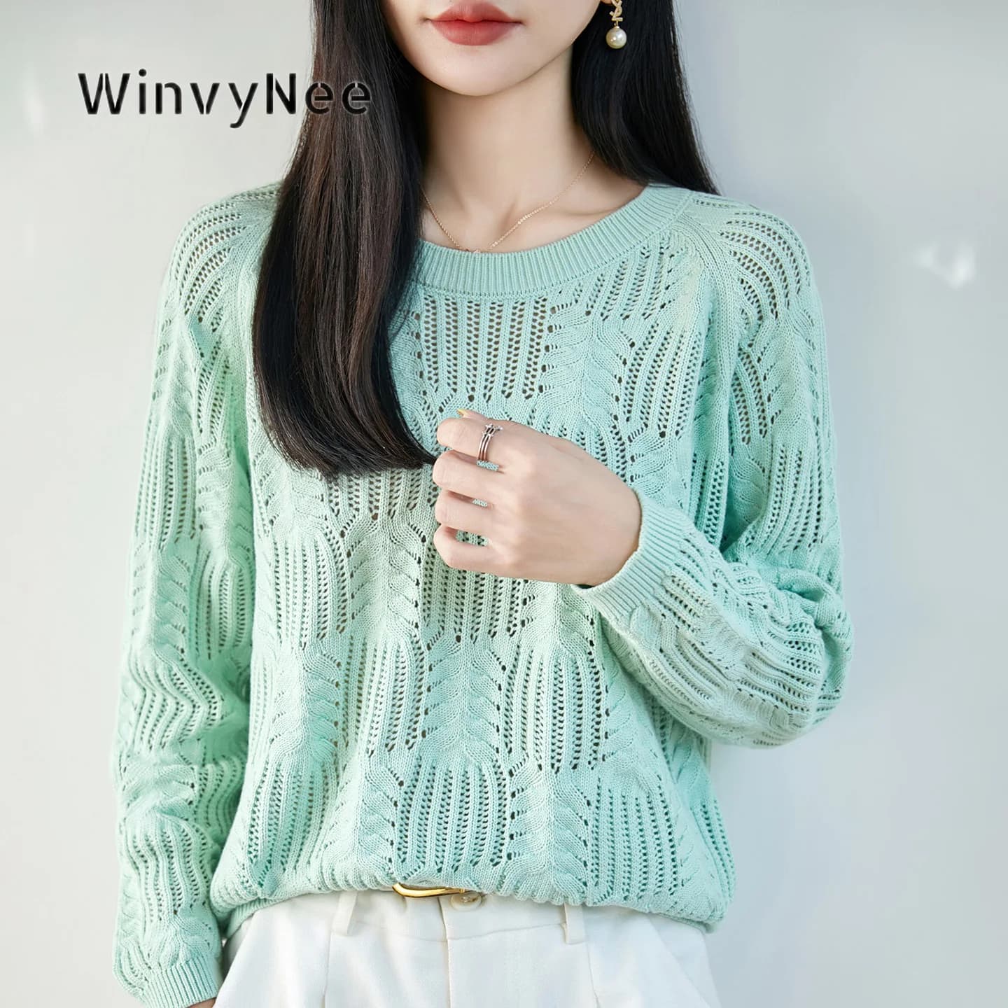 WinvyNee Women Jumper Top 100% Cotton Round Neck Hollow Knitwork Relaxed Fit Versatile Soft Breathable Chic Daily Item ZA1092032