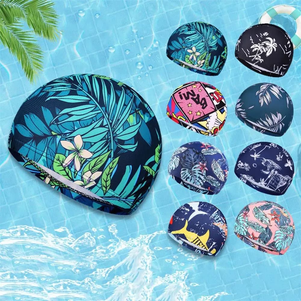Men's Swim Head Man Women's Flowers Printed Long Hair Headphones Sports Swimming Pool Swim Hats Elastic Nylon Turbante Sports Accessories