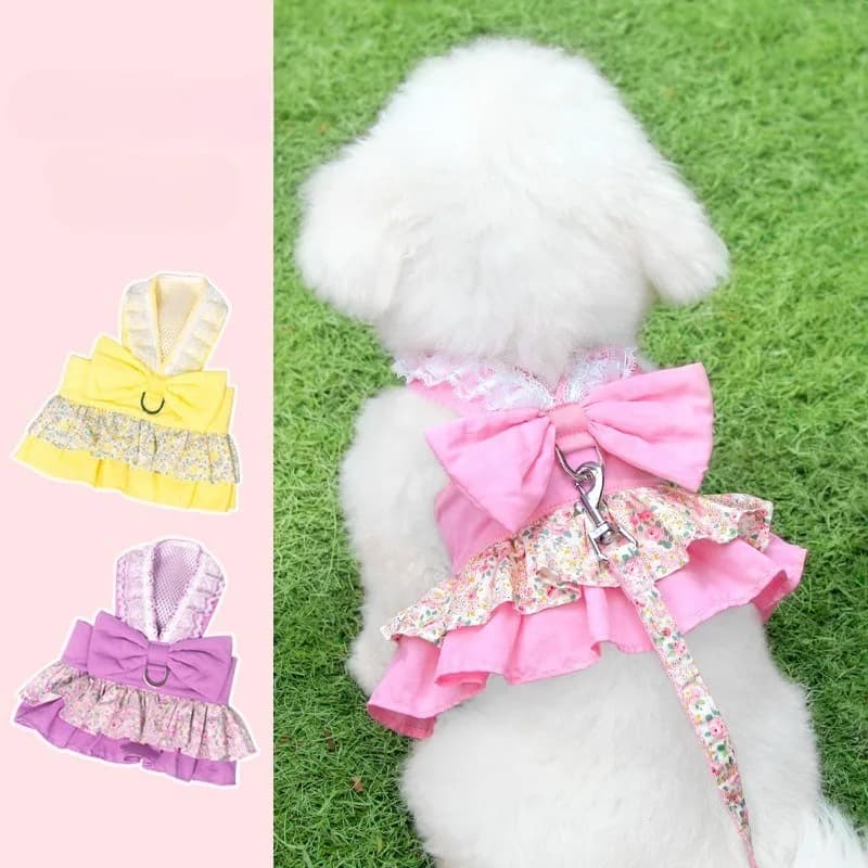 Dog Harness Dress Bowknot Leash Set Floral Princess Harness Dress Vest with Leash Pet Doggy Outfits for Outdoor Walking 3 Colors