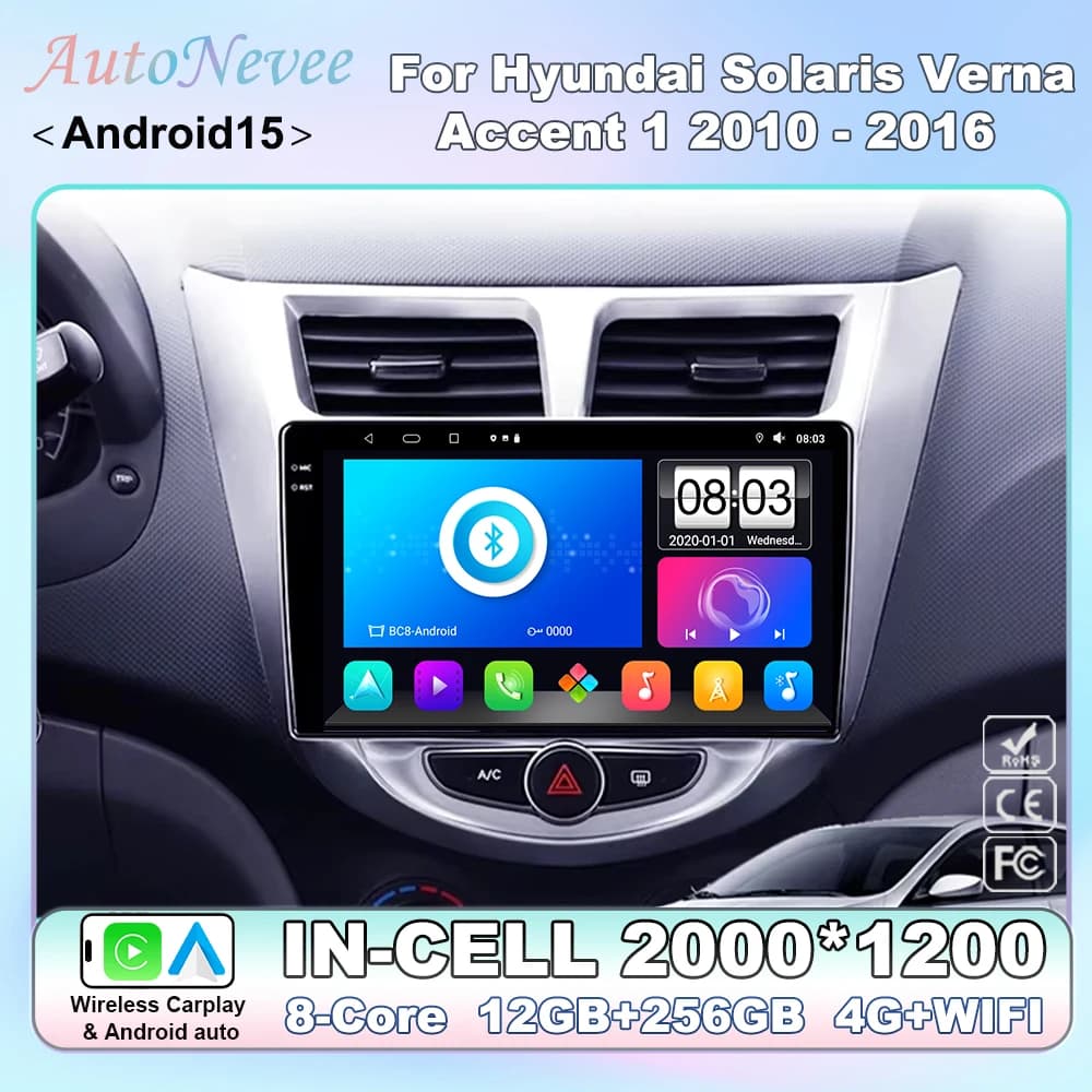 Head Unit for Hyundai Solaris Verna Accent 1 2010 - 2016 Android 15 Carplay Radio Car Multimedia Player 2Din GPS 4G DVD FM