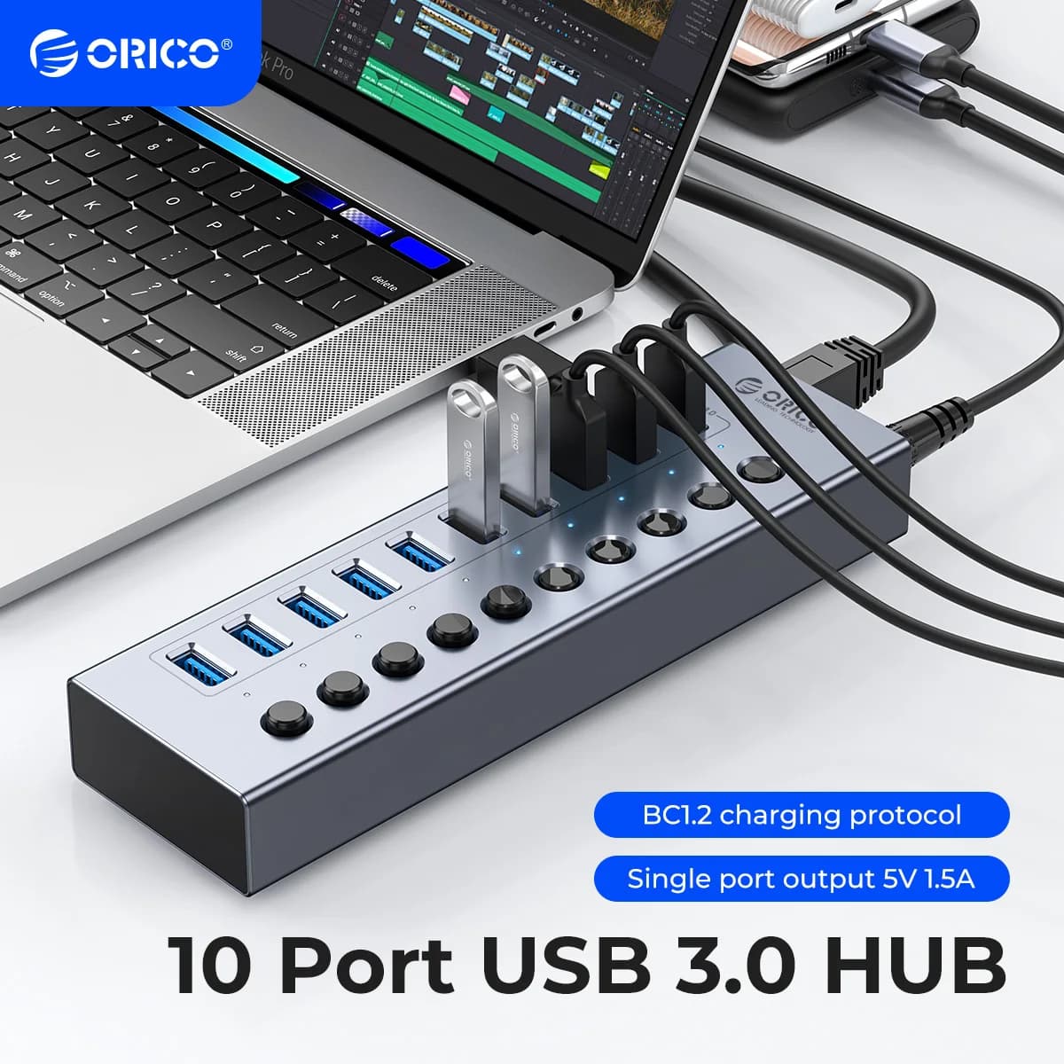 ORICO 7/10/13/16 HUB USB 3.0 Industriale in Alluminio con Interruttore On/Off e Adattatore di Alimentazione 12V, Supporta la Ricarica per Computer