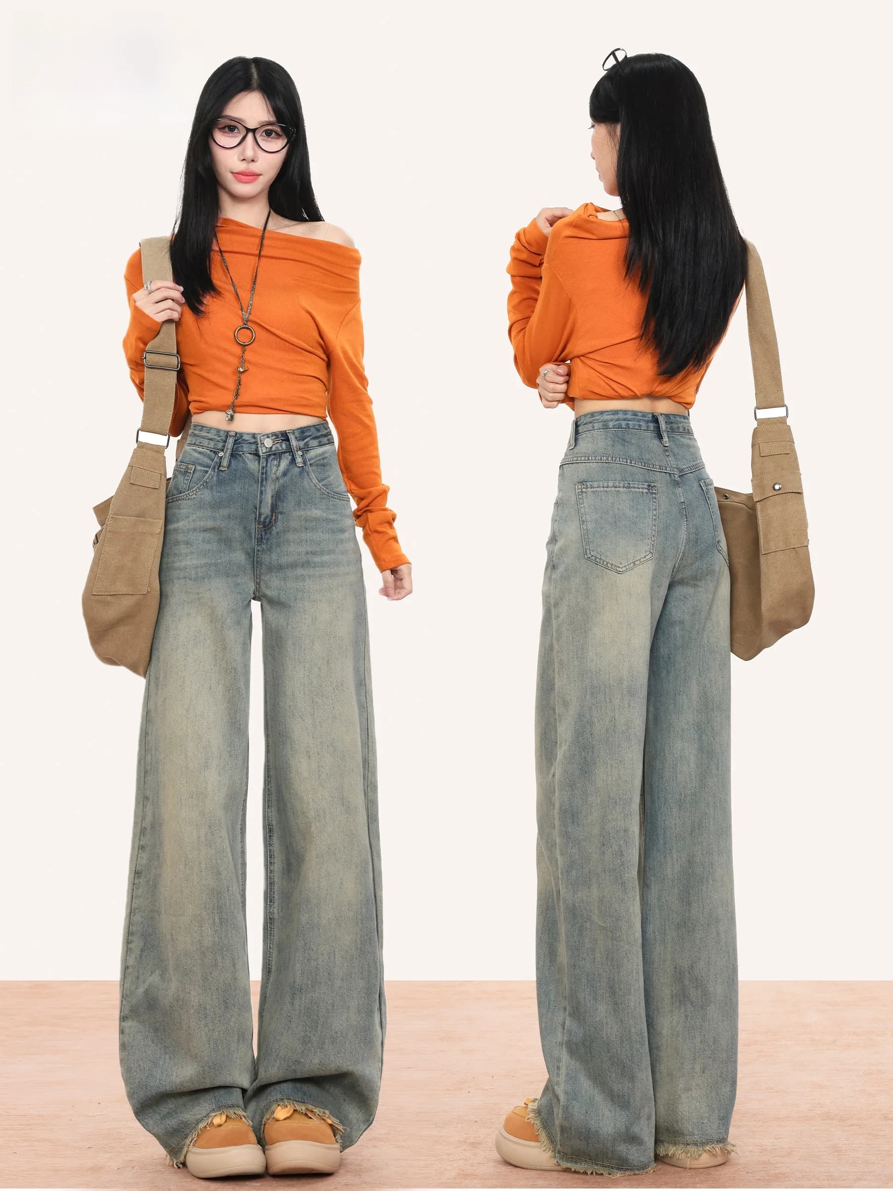 American Style High Waist Wide Leg Jeans Women's Autumn Winter New Washed Straight Cut Trousers Wear Resistant Cotton Denim