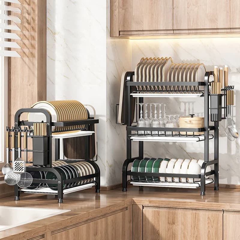 Multifunction Dish Drying Rack Kitchen Countertop Organizer Plate Bowl Storage Rack Cutlery Holder Knife Block