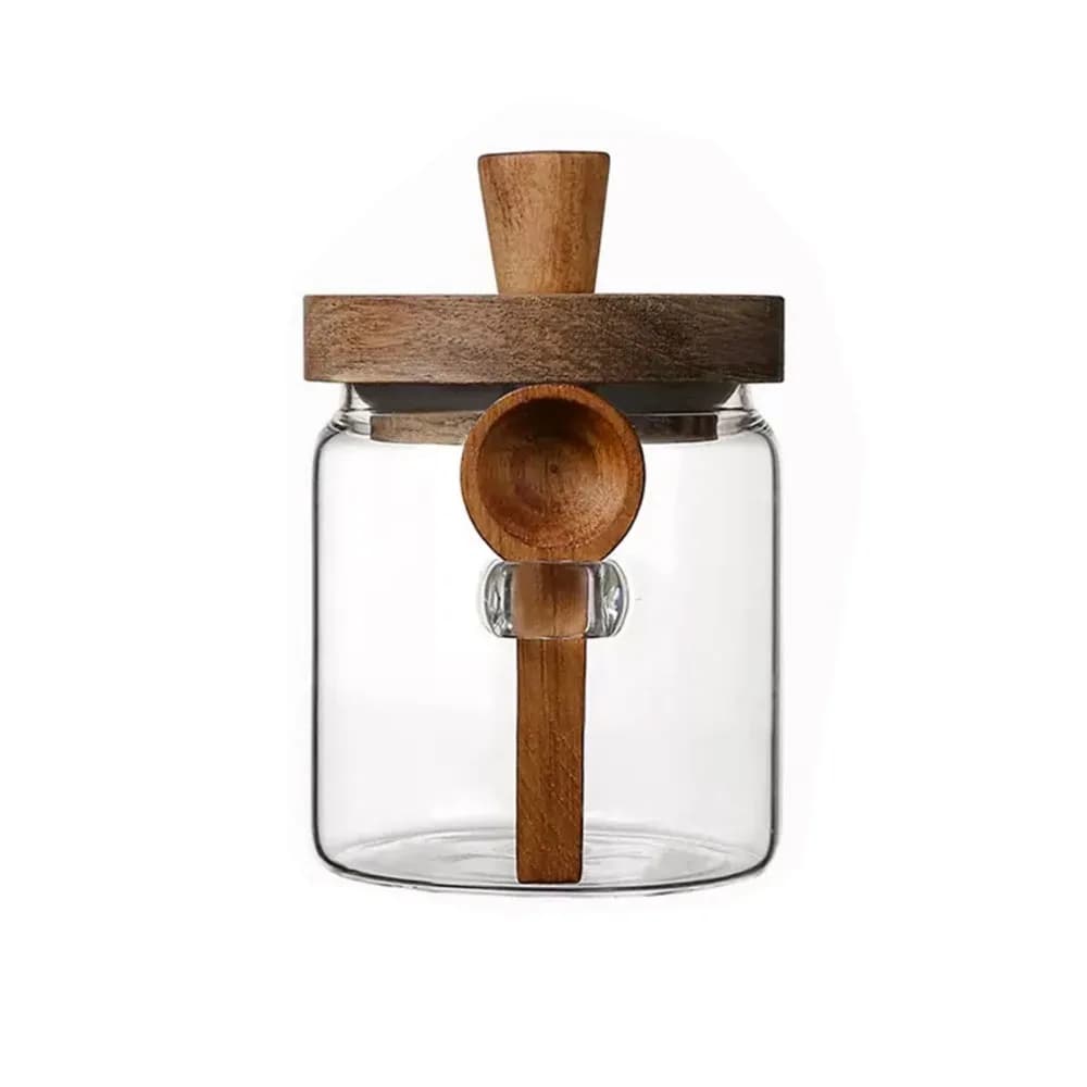 Moisture-proof Coffee Bean Storage Jar With Wood Spoon with Wooden Lid Clear Spice Storage Tank Top Handle Wide mouth design