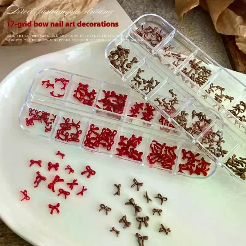 12 Grids/Box Bow Nail Art Decorations 3d Red Brown Bowknot Resin Charms Jewelry Diy Manicure Decoration Supplies Accessories