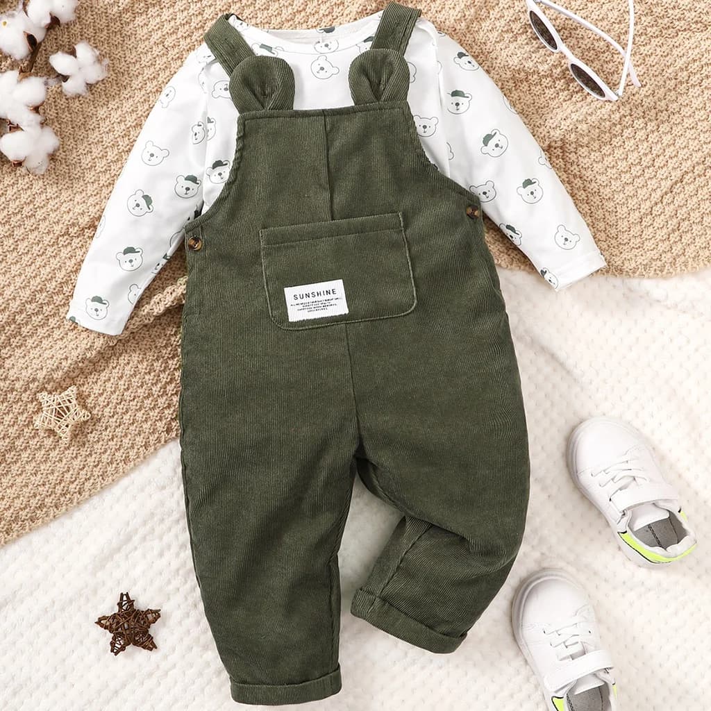 3-24 mesi bambino neonato e ragazza 2 pezzi set di vestiti body con stampa orso con verde generale moda carino autunno inverno indossare