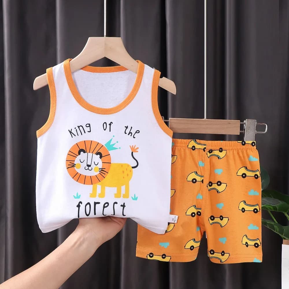 Summer Kids Cotton Vest Shorts Set Cartoon Sleeveless Tank Top + Shorts 2Pcs Outfit for 6M-6Y Boys Girls Casual Homewear Pajamas