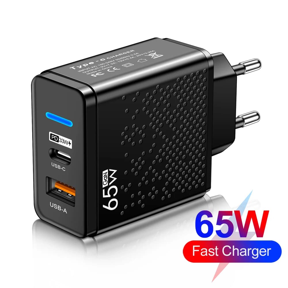 Caricatore USB C GaN da 65W a 2 porte con ricarica rapida, spina EU/US/UK/KR, caricatore da parete per iPhone, Samsung, Xiaomi, Huawei, adattatore per telefono.