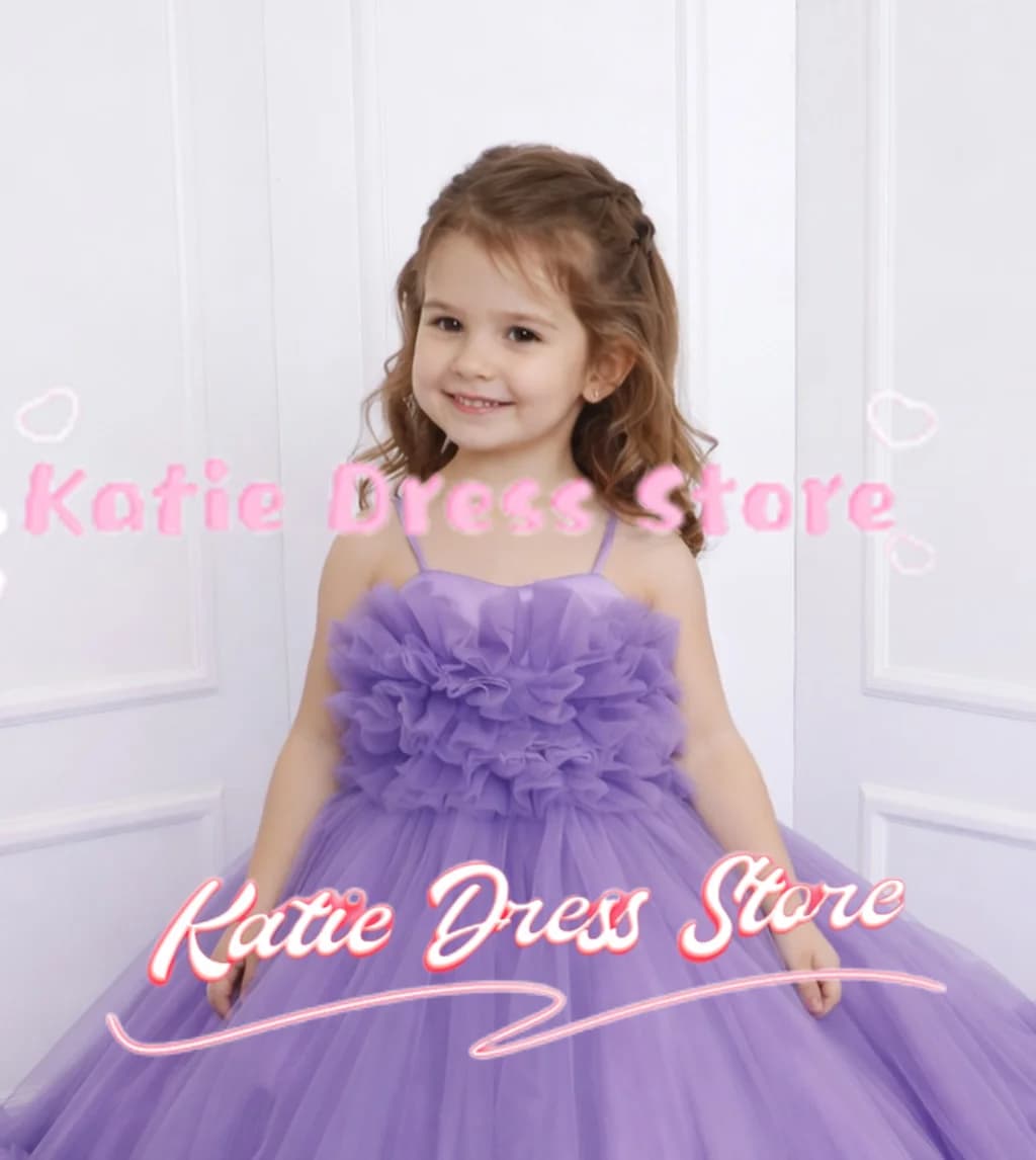 Abito viola da damigella d'onore per matrimonio, in tulle, elegante, senza maniche, per bambini, per feste di compleanno, per la prima comunione, abiti da ballo personalizzati
