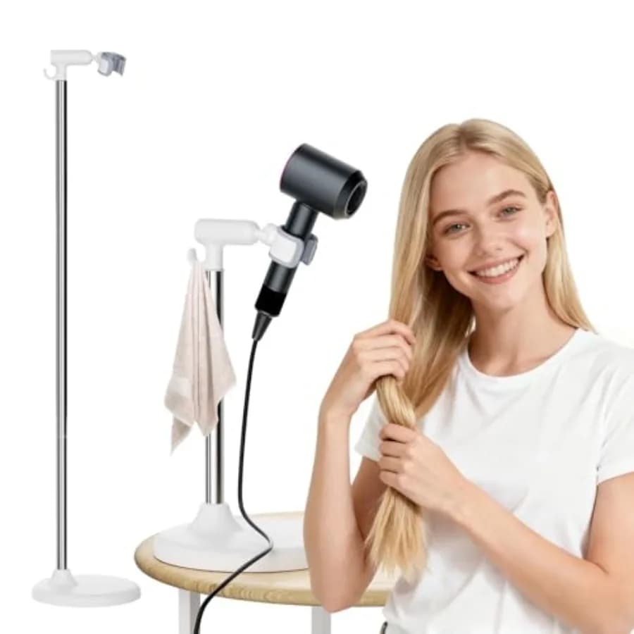 Supporto per Asciugacapelli con Testa Rotante a 360°, Gancio Grande, Base Robusta, Altezza Regolabile, Clip Imbottita in TPU, Lega di Alluminio