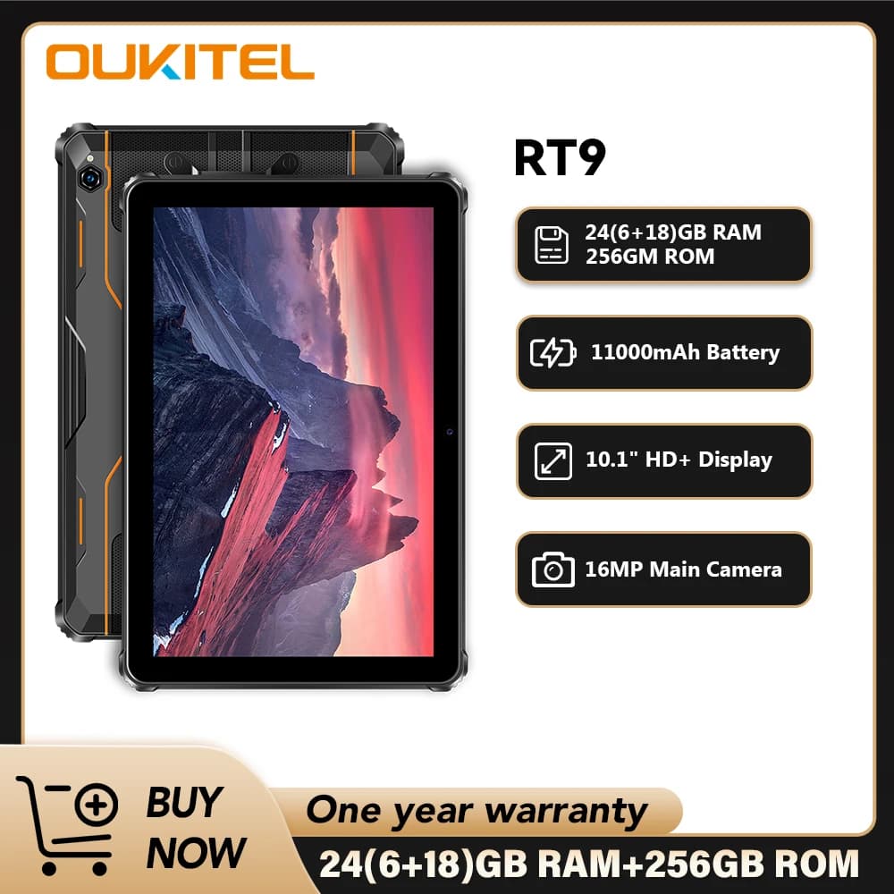 Oukitel RT9 Tablet robusto Tablet robusto Display HD da 10,1 pollici 24 GB RAM 256 GB Tablet impermeabile Batteria da 11000 mAh Android 14.0 Tablet PC