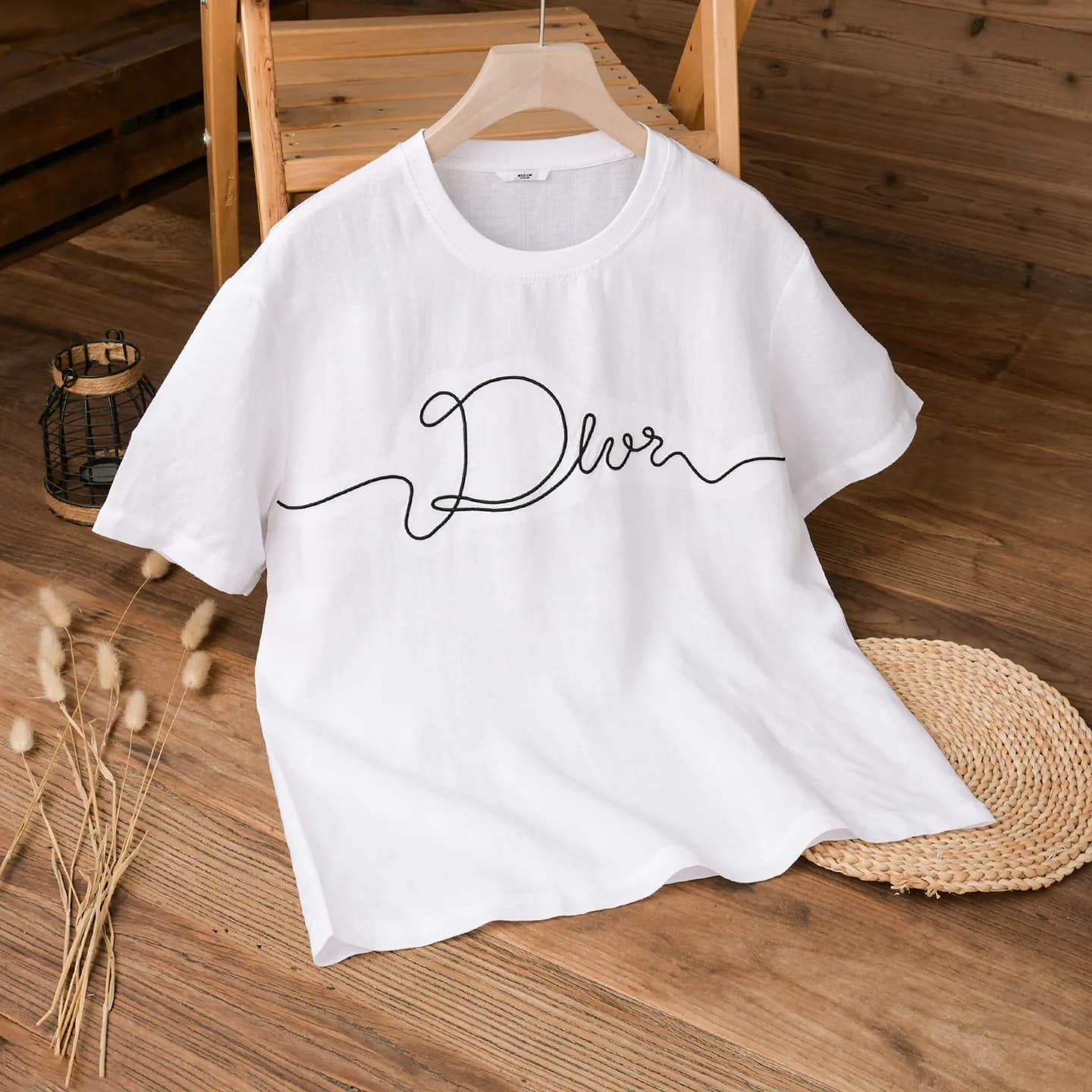 Men's Short Sleeve T-Shirt Embroidered Ice Silk Lyocell Linen Breathable Summer Fashion round Neck Tee Comfortable Loose Fit