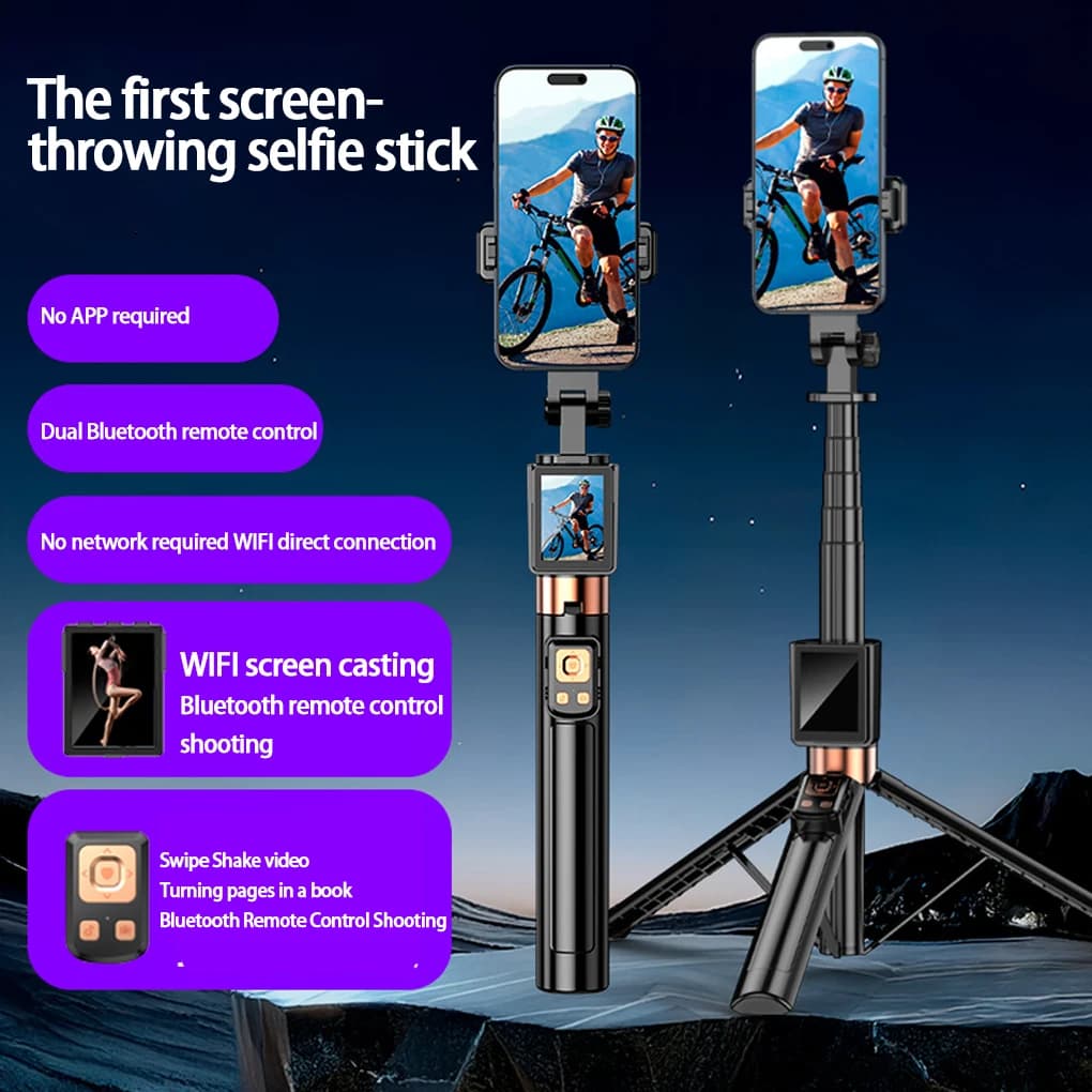Tripod Selfie Stick with Selfie Monitor Phone Screen Casting Bluetooth Remote Control for iPhone 16 15 14 Pro/Pro max