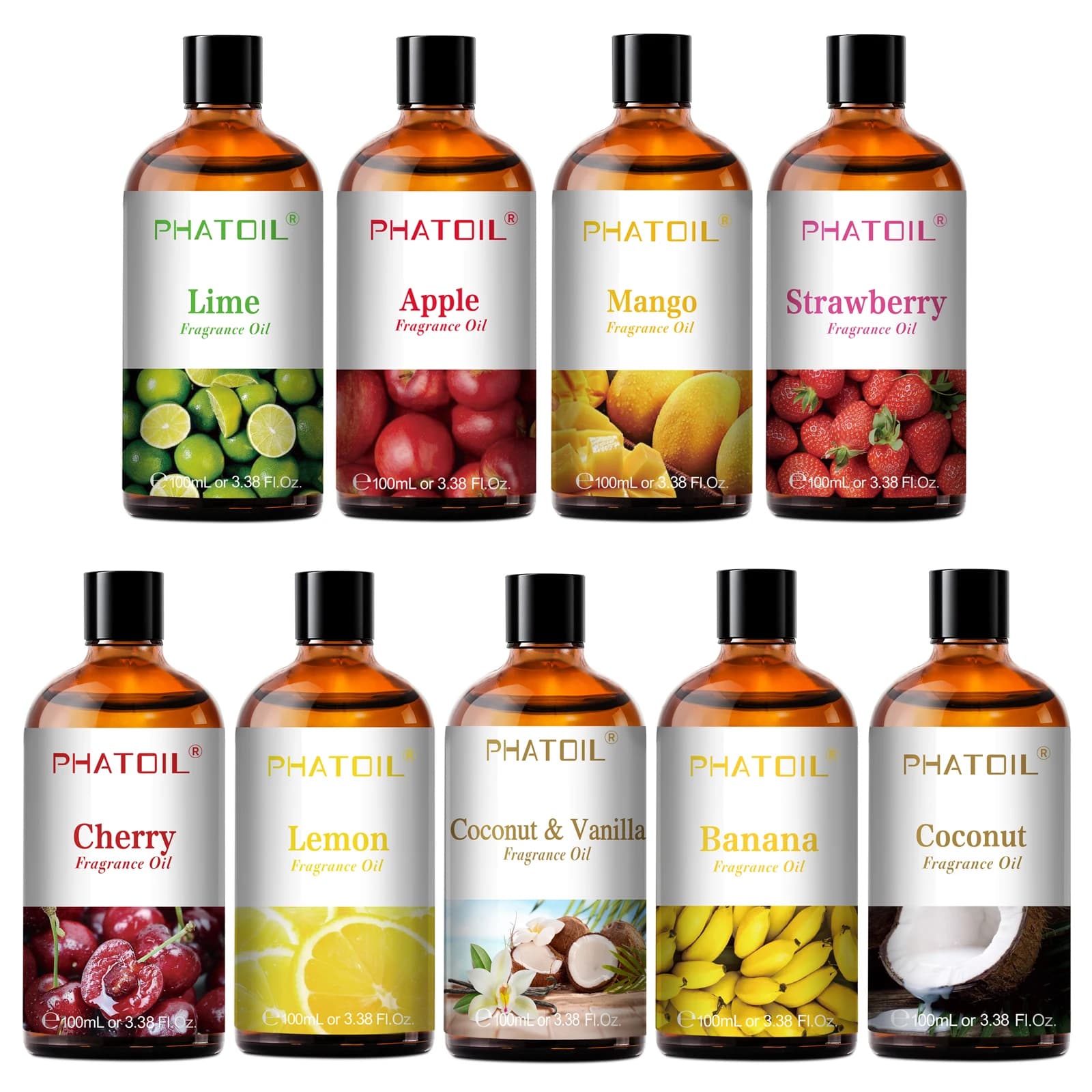 PHATOIL 100ml Olio profumato per aromaterapia con contagocce in vetro Lime Cocco Fragola Ciliegia Anguria Limone Mango Oli aromatici
