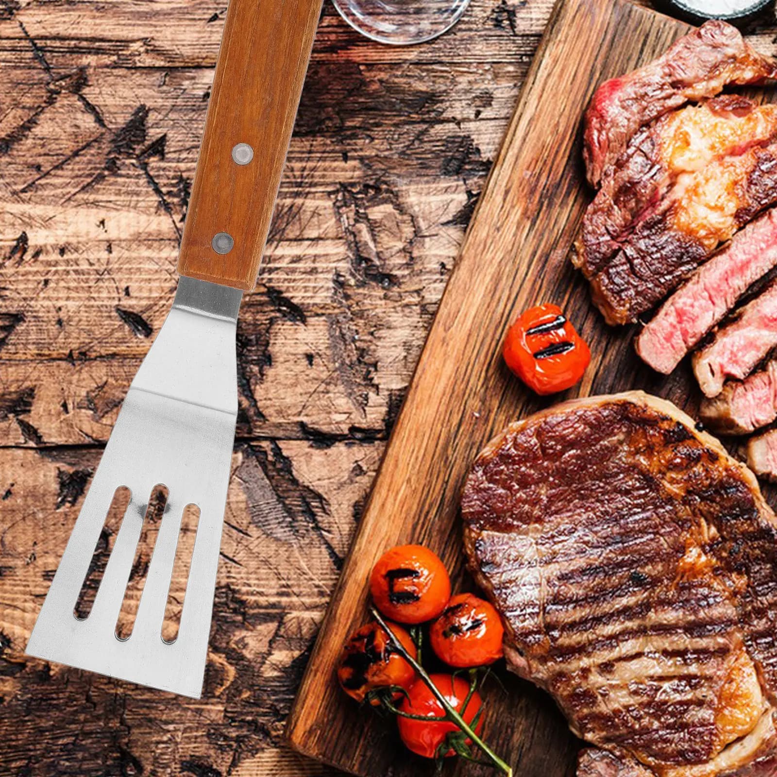 Stainless Steel Spatula with Ergonomic Wooden Handle Wide Head for Grilling Teppanyaki Pan Frying Egg Turning Steak Flipping