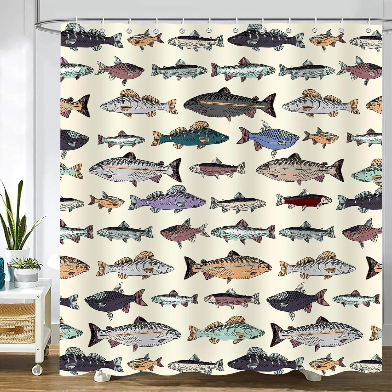 Fish Pattern Shower Curtain Nautical Ocean Life Watercolor Print Bathroom Wall Decor Waterproof Liner Artistic Coastal Home Acce