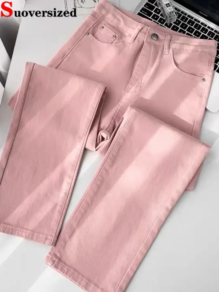 Korean Fashion Pink Straight Jeans Women Casual Vintage High Waist Wide Leg Denim Pants Spring Fall Streetwear Stretch Vaqueros