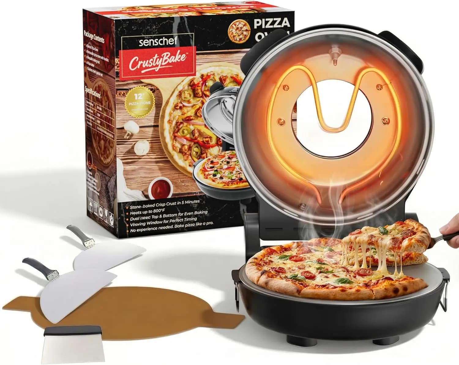 800 ° Forno Elettrico per Pizza F – Doppio Controllo del Calore, Pizza Pronta in 5 Minuti, Pietra Refrattaria e Utensili Inclusi