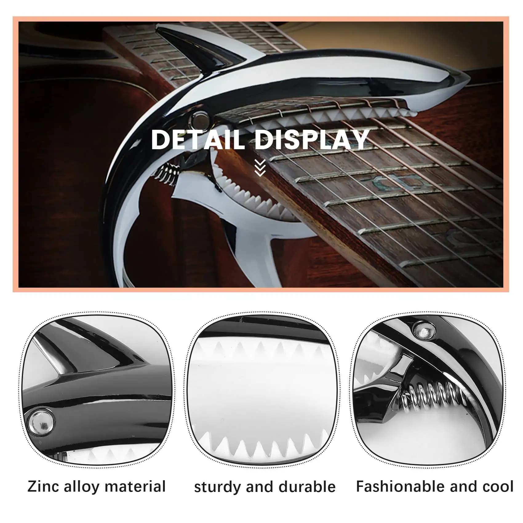 Capotasto per Chitarra Sports Shark in Lega di Zinco per Chitarre Acustiche, Elettriche, Classiche e Basso, Ukulele, con Plettri, Nero