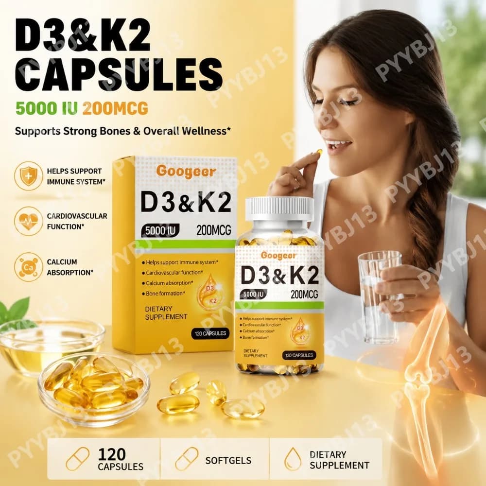 Googeer Vitamin D3 K2 Capsules 5000 IU D3 and 200 mcg K2 for Bone Health and Immune Support, Dietary Supplement, 120 Capsules
