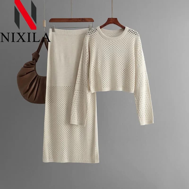 Spring Autumn Hollow Pullover Shirt Fashionable Dress Two-piece Women's Dresses Stylish Office Top Long Sleeved Gone Set