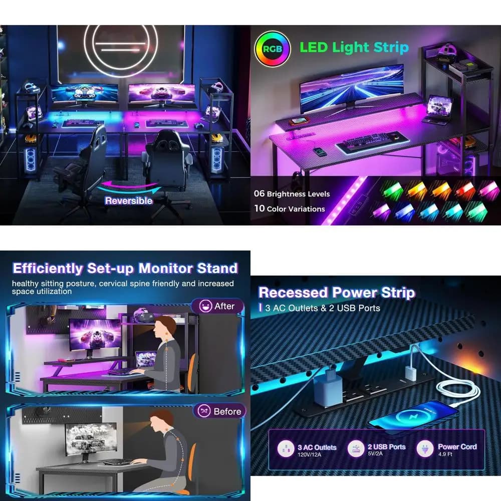 Gaming Desk with 40 Reversible LEDs, Monitor Support and Storage Space, Compact Desk for Studio/Office, Black Carbon Fiber