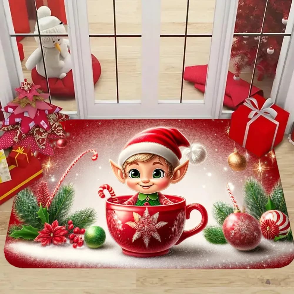 Tappeto natalizio con elfo in tazza, zerbino con cappello da Babbo Natale, morbido tappeto compatto in poliestere per decorazioni per feste di piccoli spazi