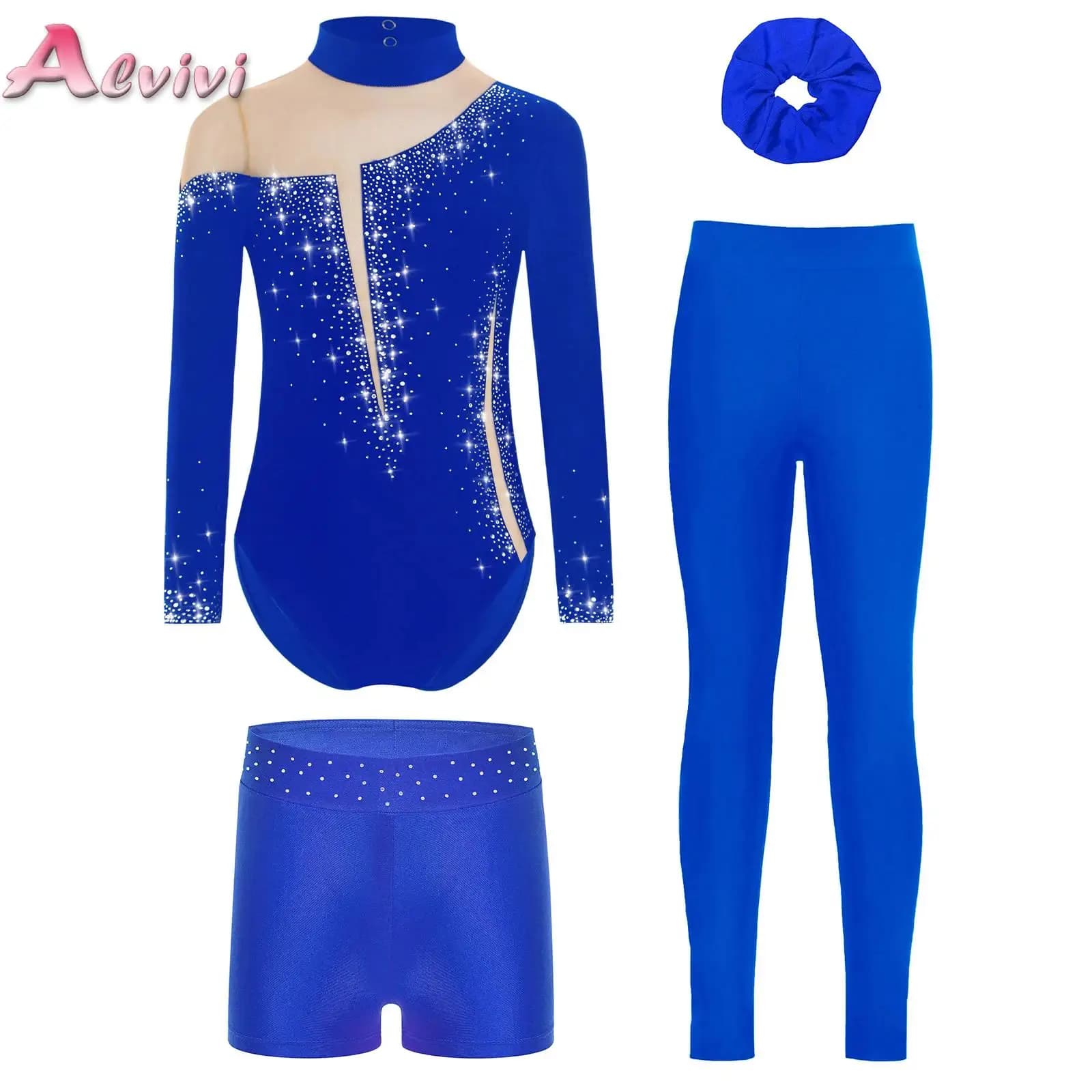 Bambini Ragazze Ginnastica Ritmica Tuta Abiti Sportivi Strass Balletto Body + Pantaloncini + Leggings + Fascia per Capelli Adolescente Dancewear Set
