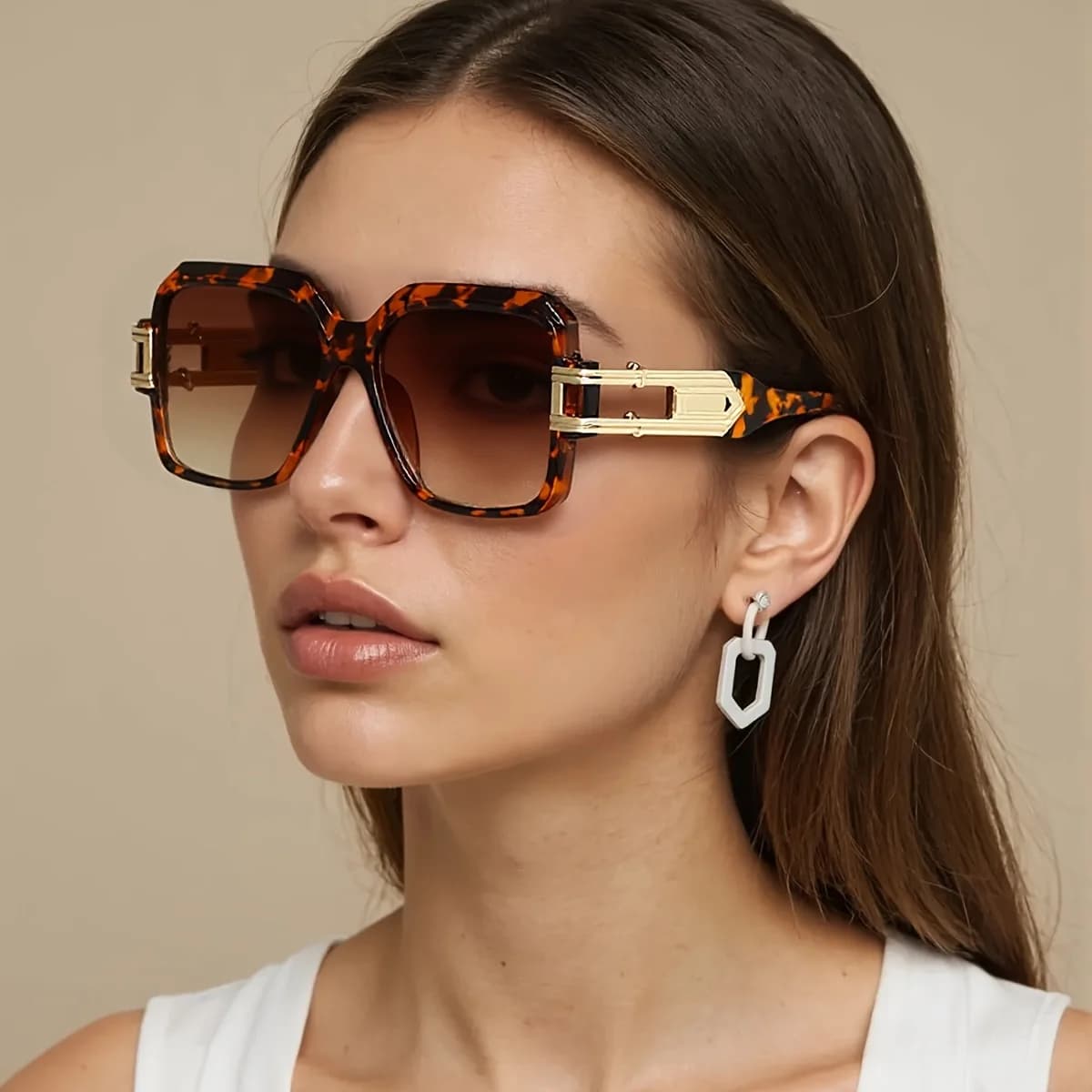 Occhiali da sole vintage da donna Occhiali quadrati con motivo leopardato con accenti marroni dorati Occhiali da sole da donna Occhiali da donna