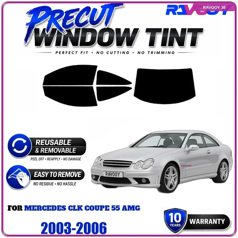 RAVOOY Precut Window Tint, Reusable Removable EPU Film, Custom Fit for Mercedes CLK Coupe 55 AMG 2003-2006, UV Heat Protection