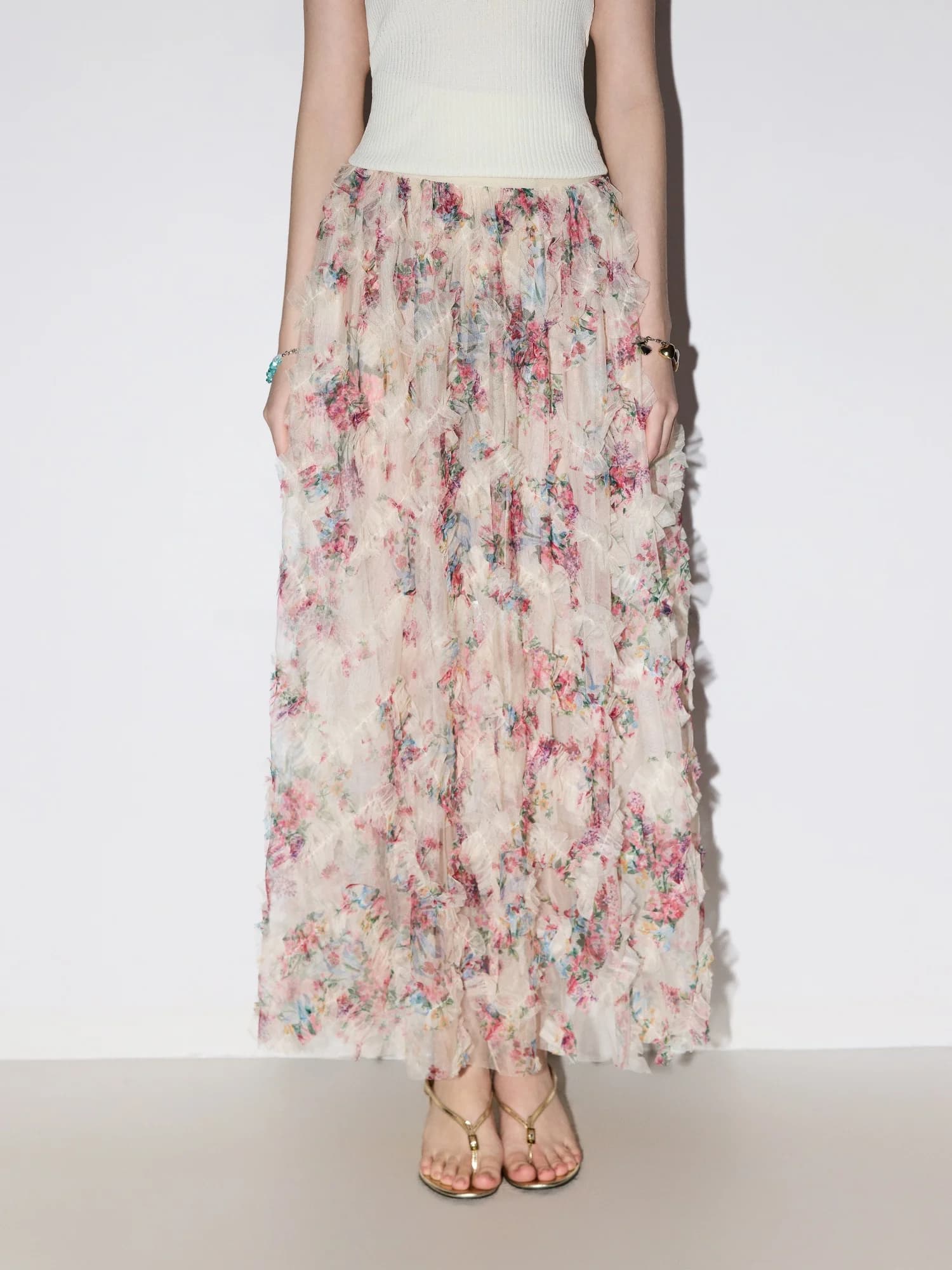 MoodBerry American Retro Floral Splicing Net Cake Long Skirt Women's Summer High Waist Casual Slim A-Line Skirt