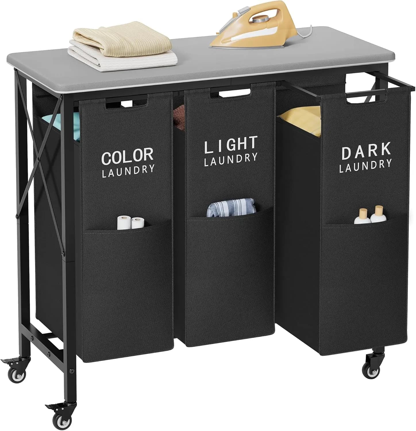 Carrello per Bucato a 3 Sezioni con Asse da Stiro, Sacchi Rimovibili e Ruote Bloccabili per l'Organizzazione Domestica