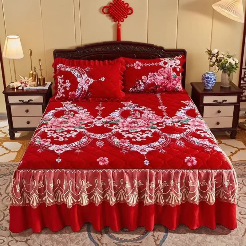 Set da 3 pezzi Copriletto trapuntato in pile corallo stampato gonna da letto in morbido velluto caldo lenzuolo da sposa in velluto felpato con federa da 2 pezzi