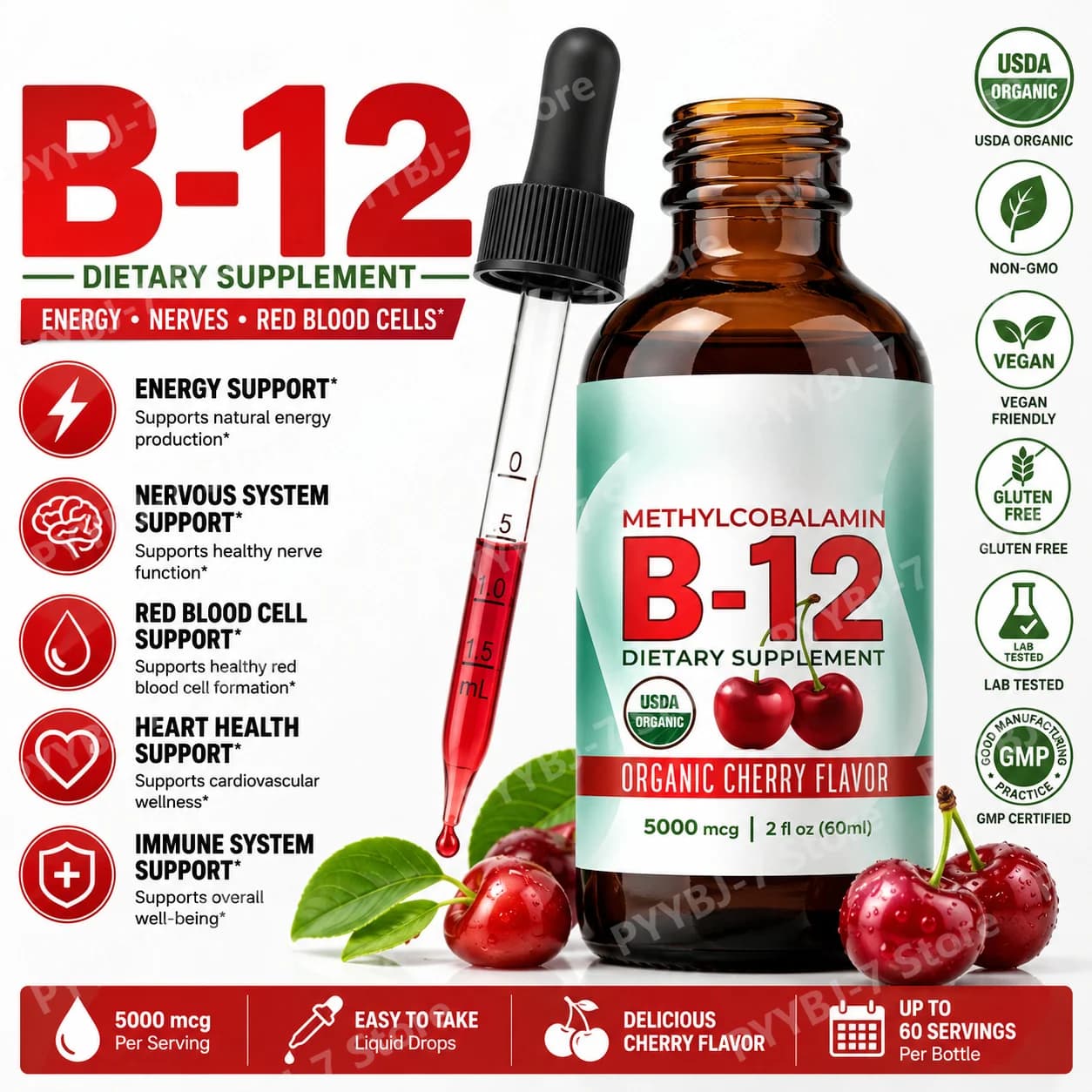 Methylcobalamin Vitamin B12 Drops Liquid Sublingual Supplement Cherry Flavor Daily Support Relaxation Mental Clarity Mood Memory
