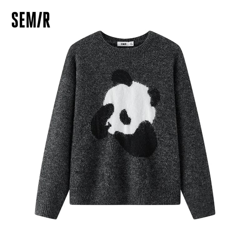 Semir Women Sweater Panda Graphic Crew Neck Drop Shoulder Loose Fit 2026 Winter Layering Wear Warm Knit Everyday Style