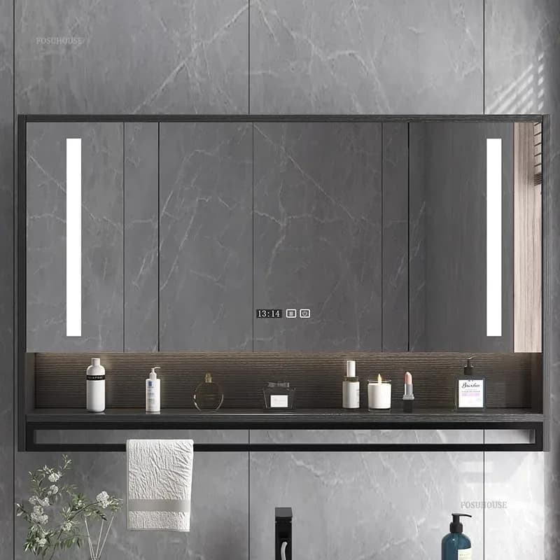 Armadietti a Specchio Intelligenti da Bagno a Parete con Retroilluminazione, Antiappannamento, Mobile Specchio con Vano Portaoggetti Integrato