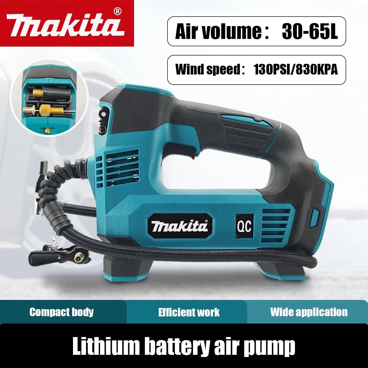 Compressore d'aria portatile Makita 21V 130PSI 830KPA con luce LED, pompa elettrica per auto 30-65L, gonfiatore pneumatici auto