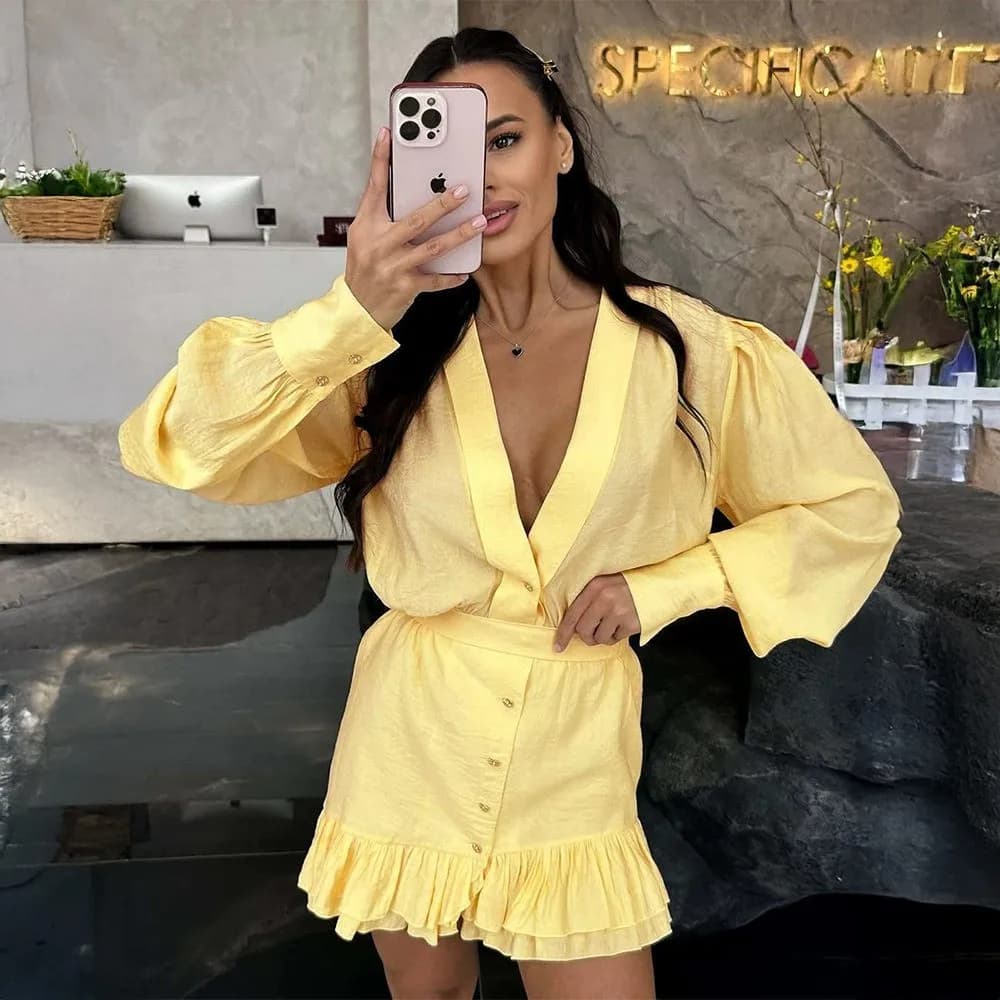 Spring Summer Women's V-neck Lantern Sleeve Dress Irregular Hem A-line Cotton Gauze Fiber Long Sleeve Midi Dress Outdoor