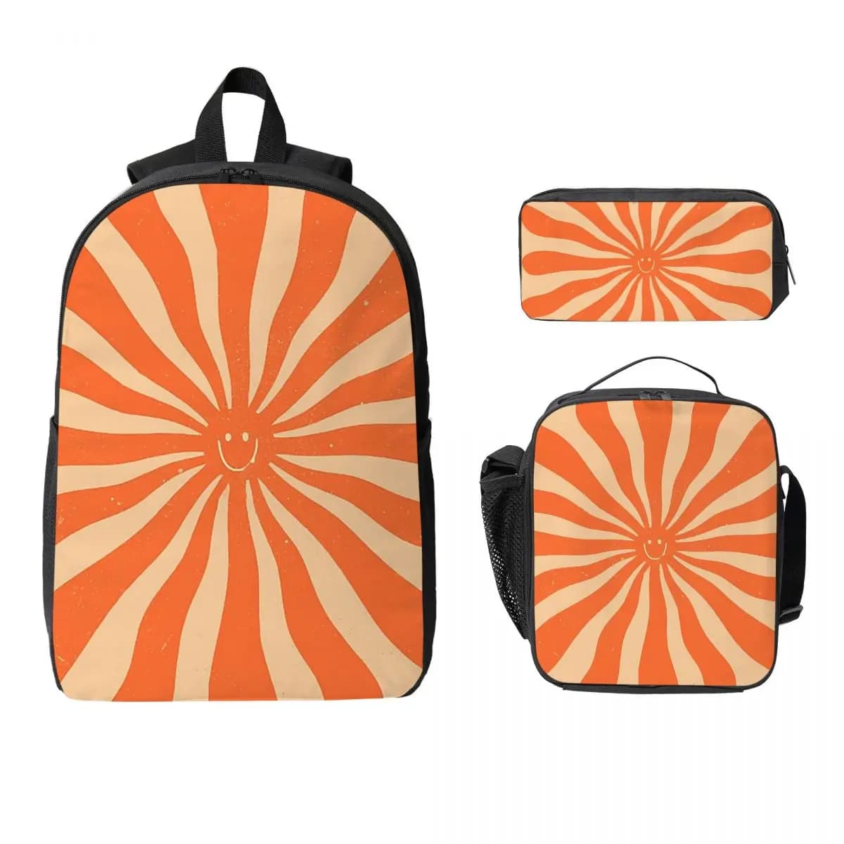 Retro Sun Vintage 70s 2 Orange Backpack Boys Girls BookBag School Bag Computer Shoulder Bags 3ps Insulated Lunch Bag Pencil Case