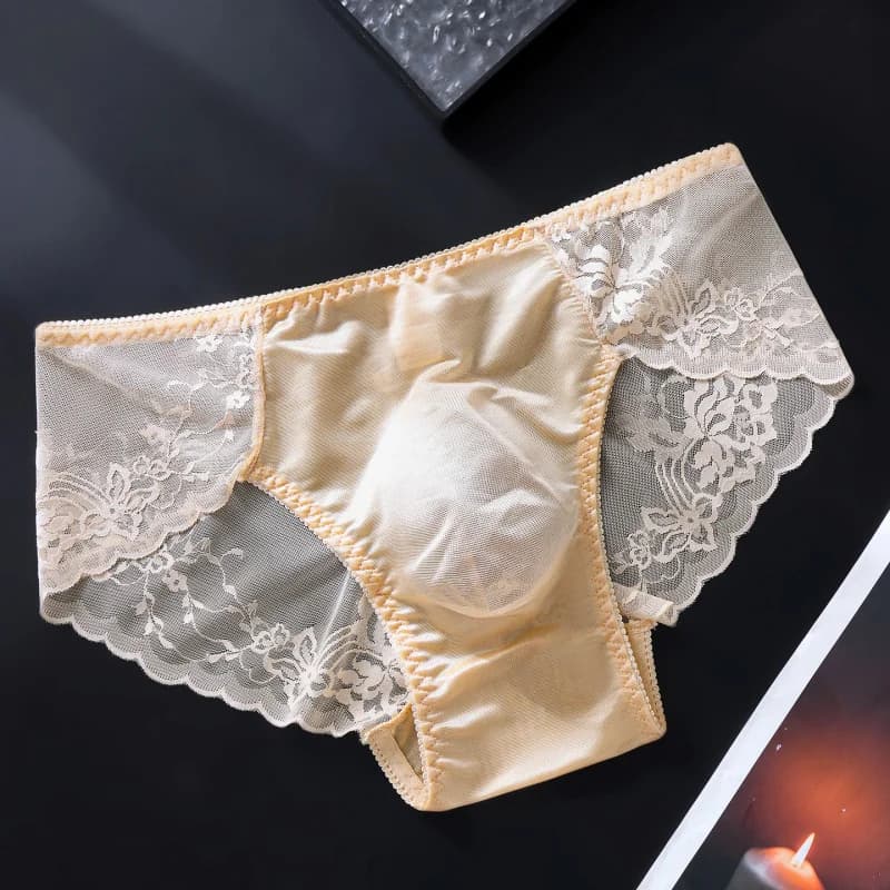 Men's Sexy Satin Floral Lace Briefs 3D Contour Pouch Scalloped Trim Mesh Patchwork Ultra Thin High Elastic Low Rise Underwear