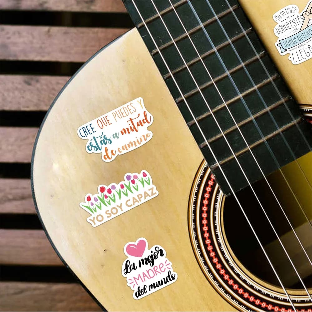 Set di 50 Adesivi Motivazionali Spagnoli per Decorare Regali di Compleanno e Feste, Adesivi Impermeabili Fai-da-Te per Valigie e Chitarre