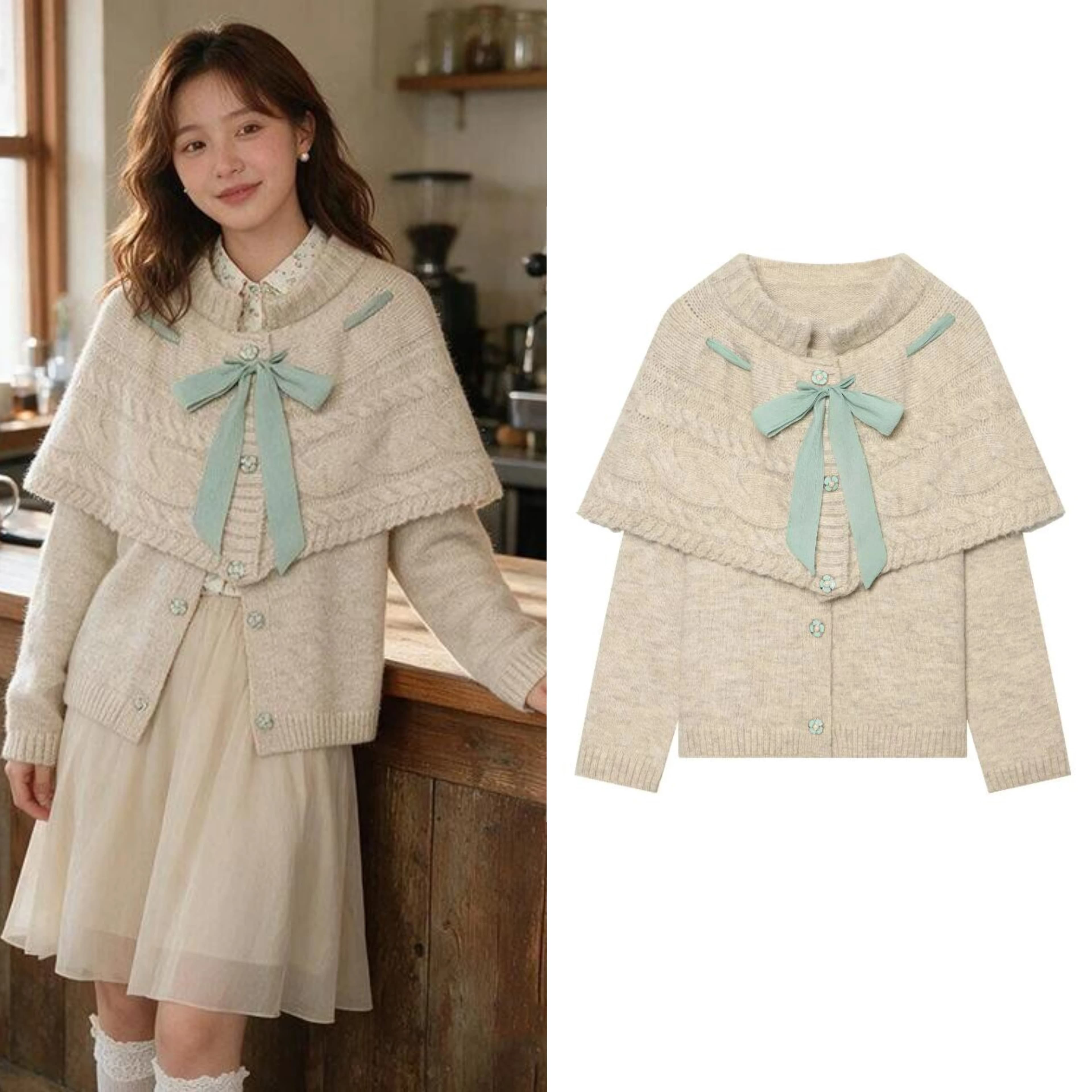 Women's Cardigan Autumn New Round Neck Long Sleeve Sweater And Bow Tied Canopy Skirt Fashion Commuting Female 2 Piece Set