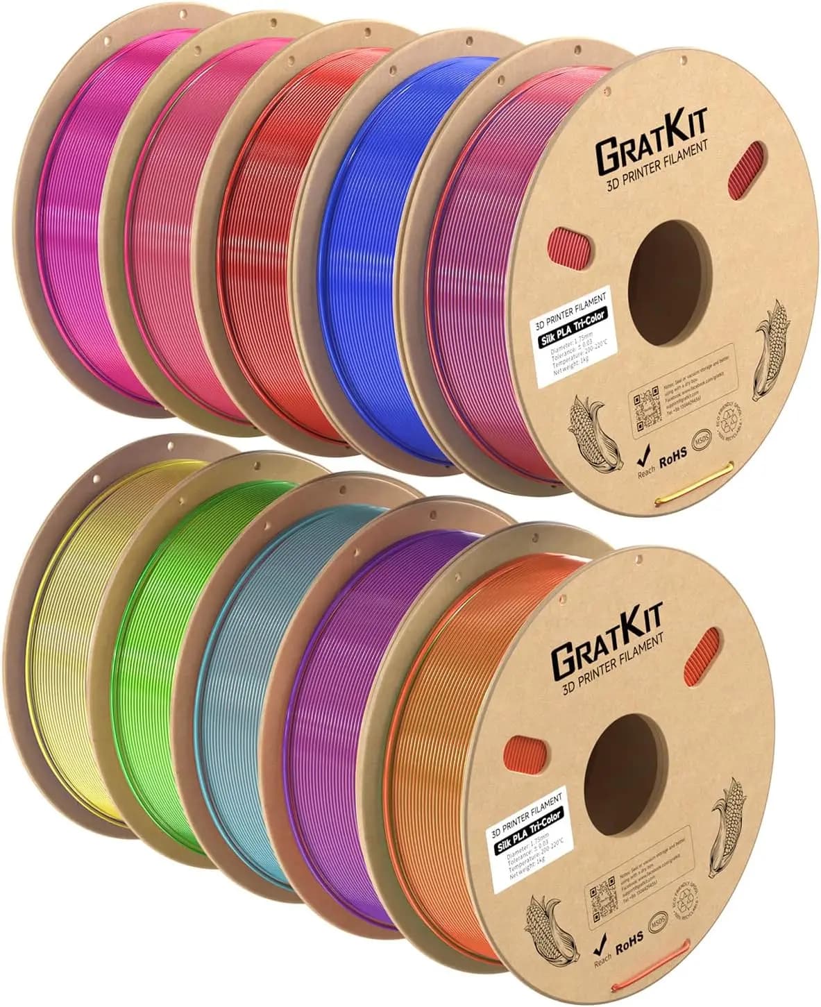 ^For Silk Tri-Color PLA Filament,Coextrusion PLA Filament 1.75mm, +/-0.03mm, 10 * 1KG/Roll, Silk PLA 10KG Bundle Multicolor