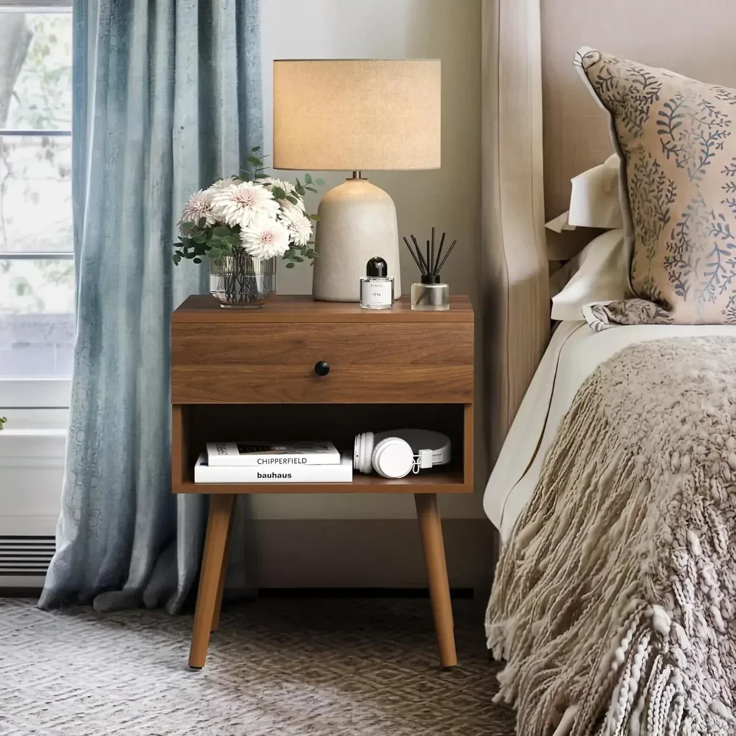 Comodini con Scomparto Nascosto, Mobili Moderni Stile Mid-Century, Tavolino da Notte con Gambe in Legno, Tavolino d'Appoggio