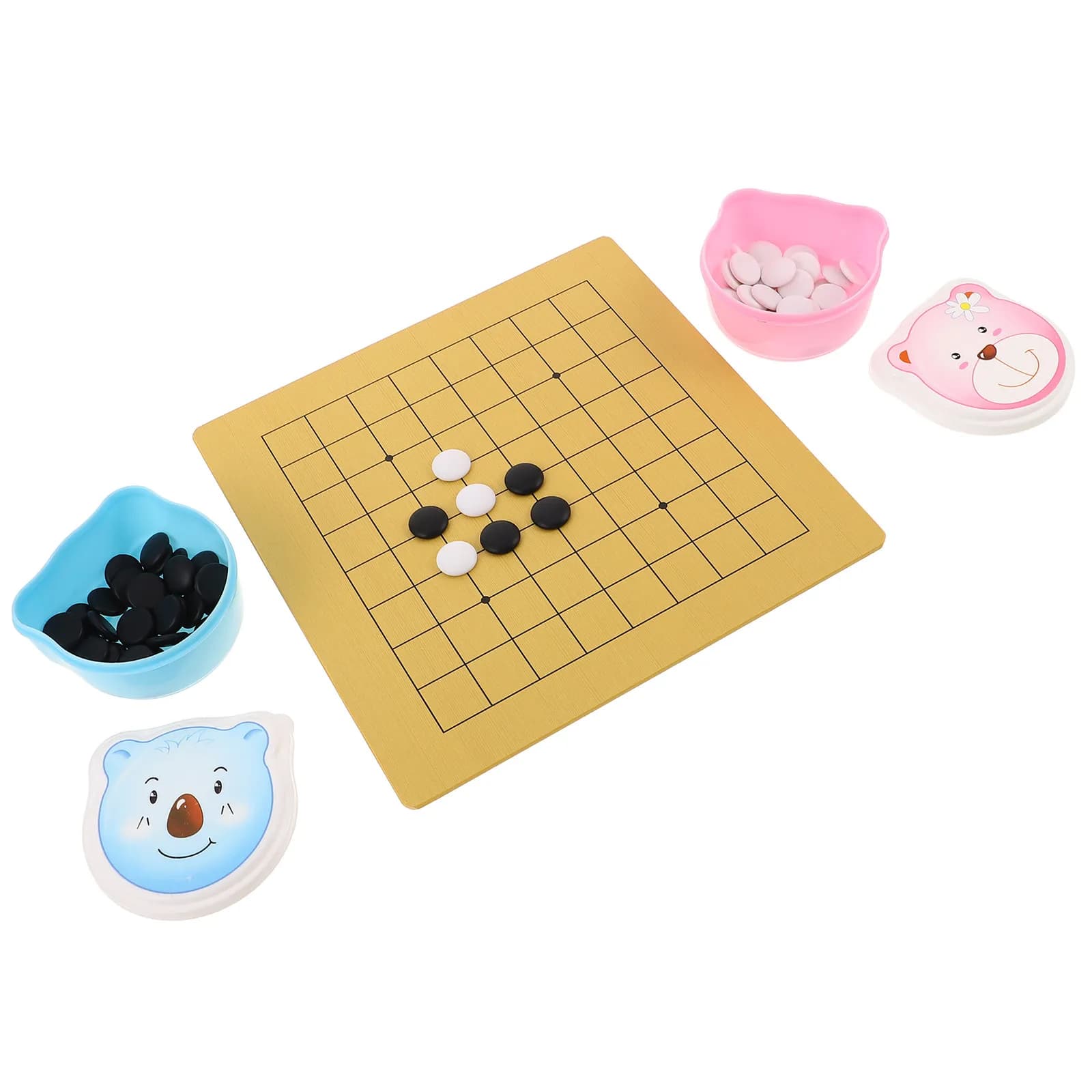 2Sets Children Cartoon Bear Design Double Sided Portable Weiqi Plastic Stone Chess Set Educational Brain Game Family