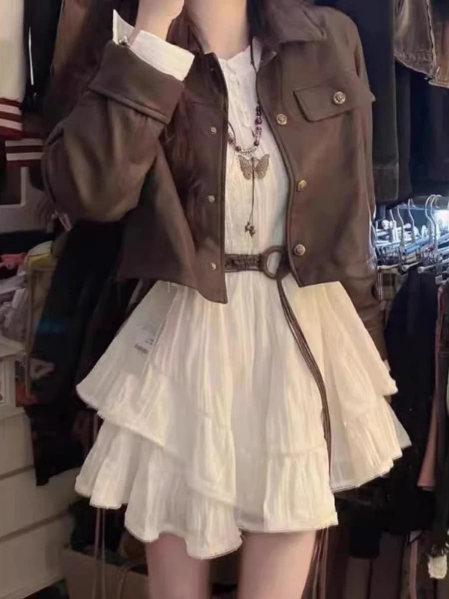 Early Autumn Fashion Retro Long Sleeve White Dress Waist Cinched Short Jacket Two Piece Set Cotton Zipper Closure Women's Wear