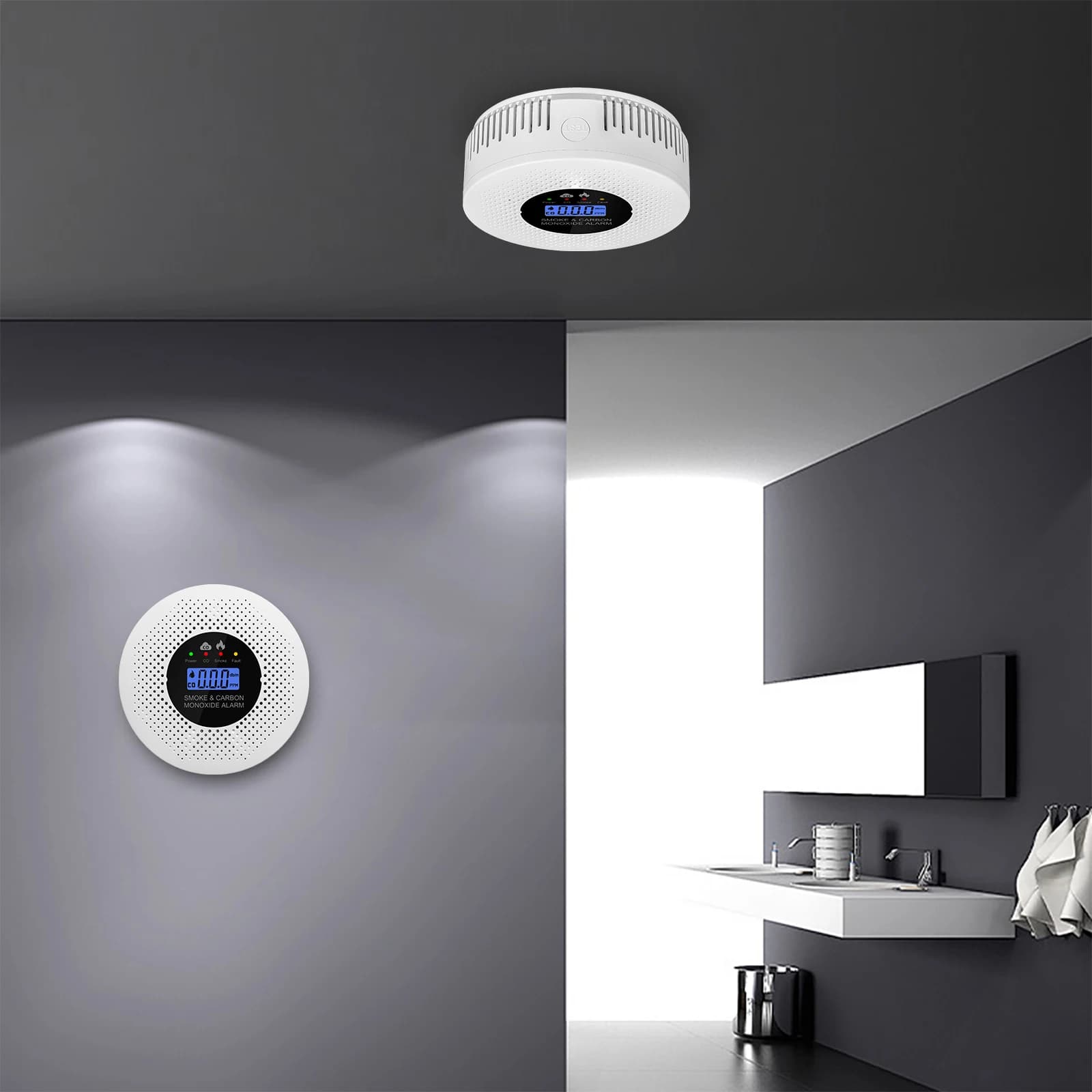 Allarme Fumo e CO con Display LCD 2 in 1, Rilevatore di Fumo Alimentato a Batteria per Casa, Appartamento, Cucina