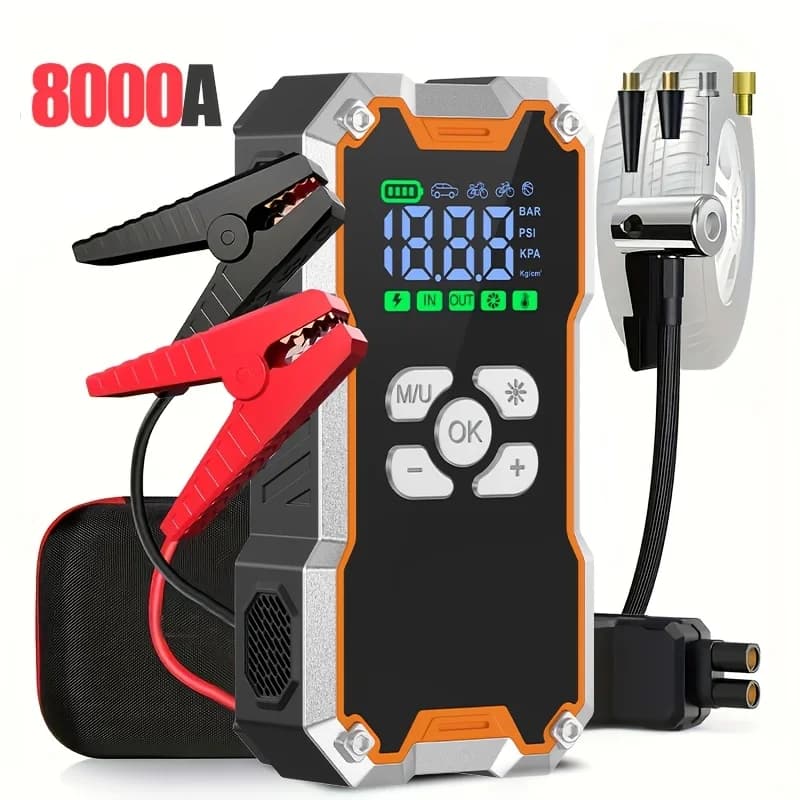 JKUOO Compressore d'Aria 10-in-1 e Avviatore d'Emergenza Senza Fili, Pompa Digitale per Pneumatici, Display LED, Avviatore per Batteria Auto Resistente