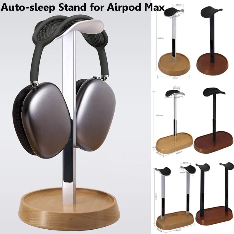 Wood Curved Headphones Stand Solid Wood+Aluminum Alloy Auto-sleep Bracket Desktop Display Shelf for Airpod Max with Stable Base