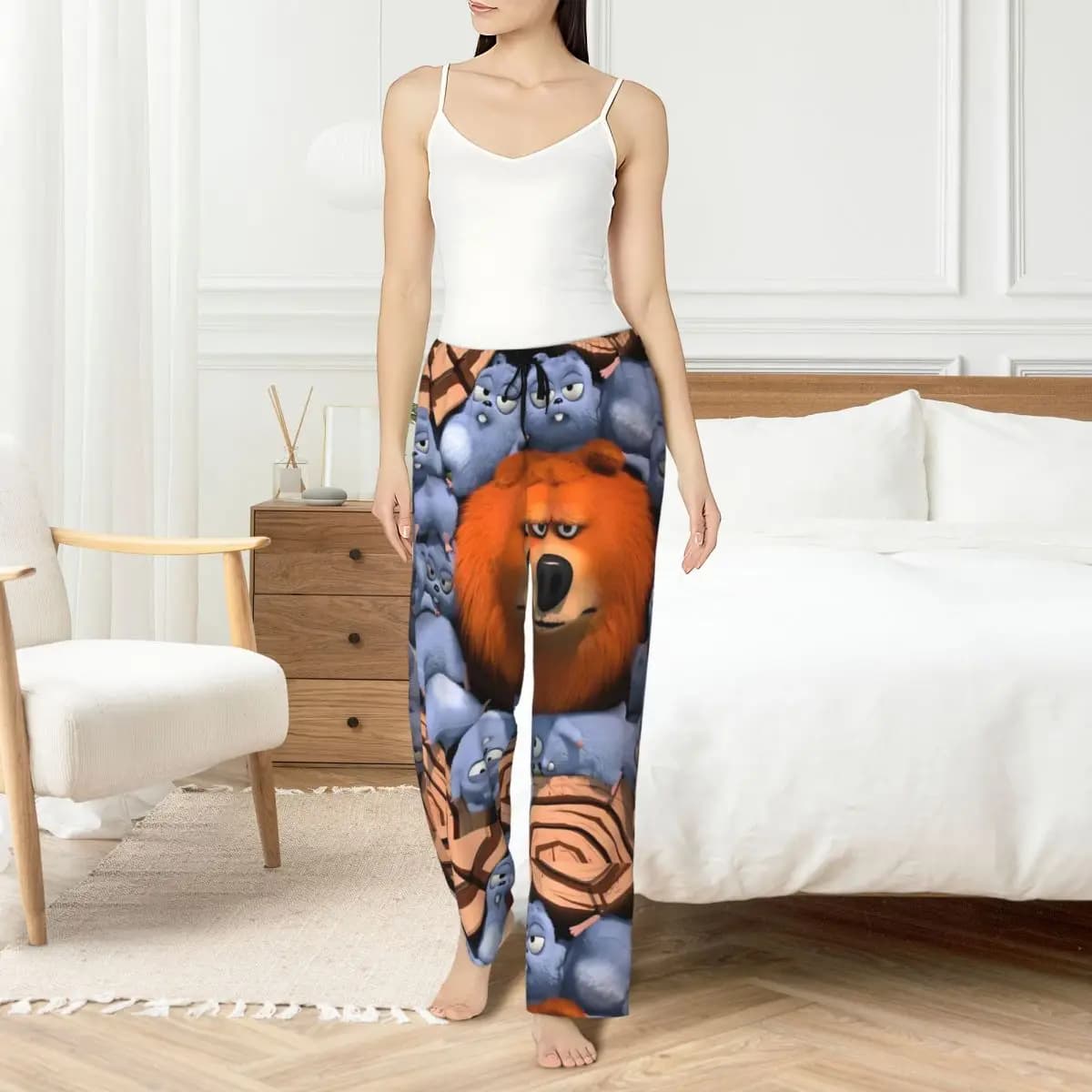 Customized Printed for Women Nightwear Pants with Grizzy and The Lemmings cartoons, night pants with pockets